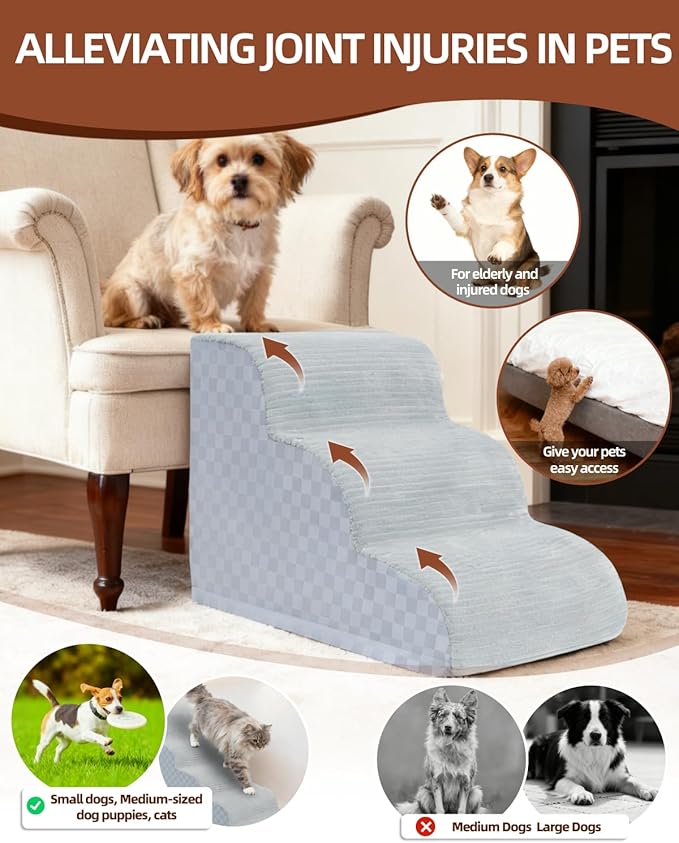 Dog Stairs Curved Ramp for Small Dogs 19.5" H, 4-Step Pet Stairs for Couch Bed with High Density Foam, Dog Slope Stairs with Durable Non-Slip Bottom Grey