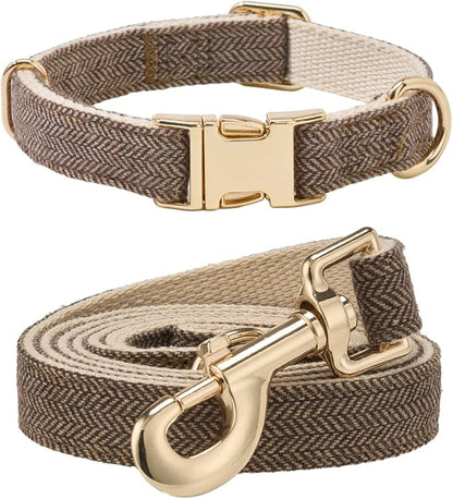 Ewinoom Soft Hemp Dog Collar and Leash Set Adjustable Woven Tweed Dog Collars with Metal Buckle and Lead for Small Medium Large Dogs,Coffee
