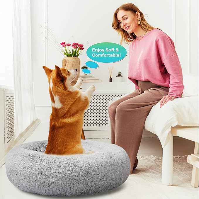 SAVFOX Plush Calming Donut Dog Beds for Small Dogs, Medium, Large & X-Large Breeds, Comfy Cuddler Dog Bed and Cat Bed in Faux Fur, Washable, Multiple Sizes S-XXL