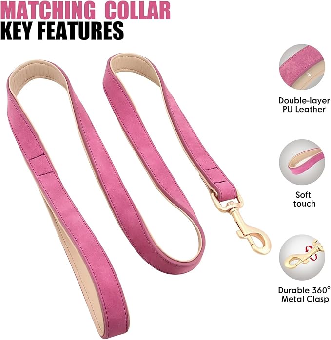 Beirui Soft Padded PU Leather Dog Collar and Leash Set, Durable Dog Leash and Collar Set with Metal Buckle, Breathable Pet Collars with 4FT Leash for Small Dogs(Rose, Neck 10-13")