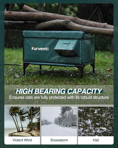 Heated Cat House for Outside,Dual Camera Mounts,100% Weatherproof & Extremely Insulated,Elevated Feral Cat Shelter with Escape Door,Waterproof Eaves for Outdoor Stray Barn Cat(Dark Green,M)