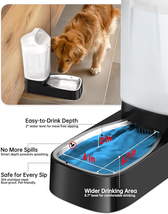 Automatic Dog Water Bowl Dispenser with Filter - 2.4 Gal Large Gravity Auto Pet Water Feeder Waterer with Stainless Steel Bowl & Easy Carry Handle for Large Dog Cat Multi Pet Use