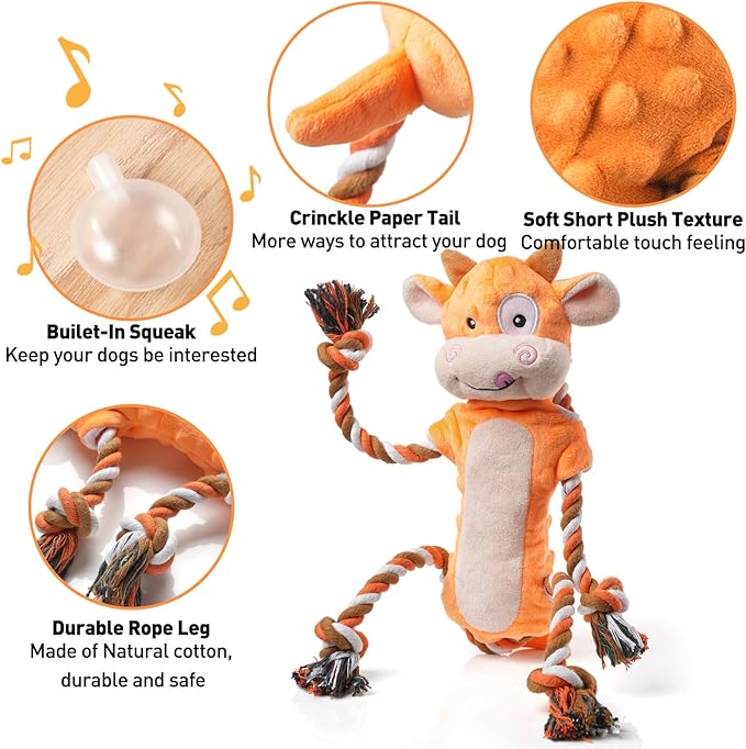 Sedioso Dog Toys, Tug of War Dog Toys for Large Breed, Cute Squeaky Interactive Dogs Toy with Crinkle Paper, Plush Puppy Chew Toy for Small, Middle, Big Dogs (Cow-SS)