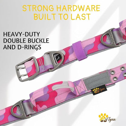 ADITYNA Heavy Duty Dog Collar for Large Dogs - Camo Pink Purple Collar with Handle for Training, and Walking - Wide, Tactical, Soft Neoprene Padded