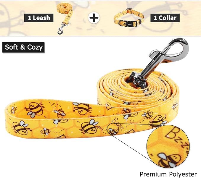 Ihoming Dog Collar and Leash Set for Daily Outdoor Walking Running Training, Bee Design for Large Boys Girls Dogs Cats Pets, L-Up to 80LBS