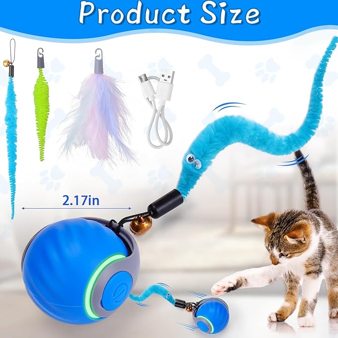 Dr. Fluffyyes Interactive Cat Toy Ball - Motion-Activated, USB Rechargeable Cat Toys for Indoor Cats with Anti-Scratch Cover & 2 Changeable Tails - Enrichment Toy for Active Cats & Kittens