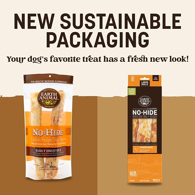 Earth Animal No Hide Chews - Long Lasting Rawhide Free Large Dog Chews Rolls, Chicken - 3 Count Value Pack