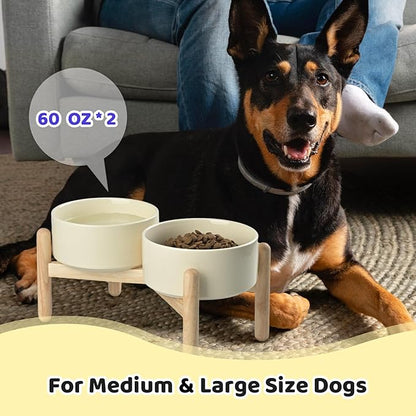 SPUNKYJUNKY Ceramics Elevated Dog Bowls with Wooden Stand - Raised Double 60OZ Cream White Bowls for Medium Large Dogs