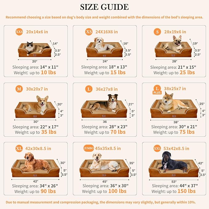 Comfort Expression Orthopedic Dog Bed for Extra Large Dogs 42x30 Inch, Waterproof Supportive Egg Crate Foam XL Pet Bed with Removable Bolsters, Dog Couch with Washable Cover & Non-Slip Bottom, Orange