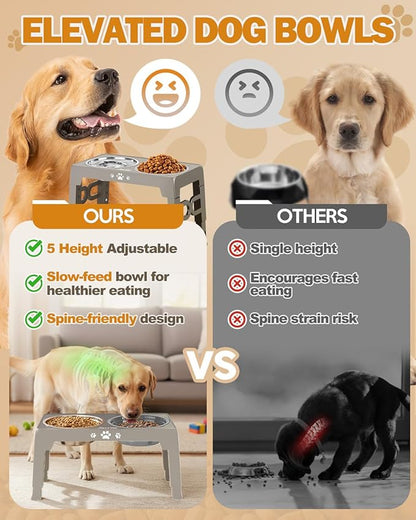 Elevated Dog Bowls, Dog Feeder with 1*Stainless Steel Dishes & 1*Slow Feeder Bowl, 5 Heights Adjustable Raised Stand for Medium Large, Food Dishes with Non-Slip Feet