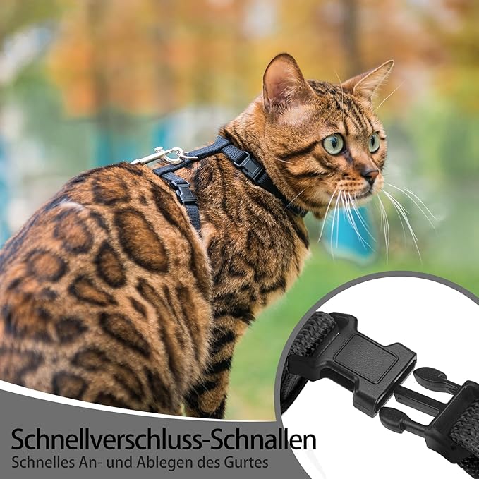 PUPTECK Adjustable Cat Harness and Leash Set Escape Proof Kitten Strap Collar for Walking Travel, Black, M