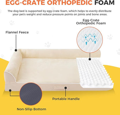 Dog Bed Large Sized Dogs, XXL Orthopedic Dog Bed for Large Dogs, Waterproof Pet Bed with Washable Removable Cover, L-Shaped Pet Couch with Portable Handle 48"x35"x7.5", Beige