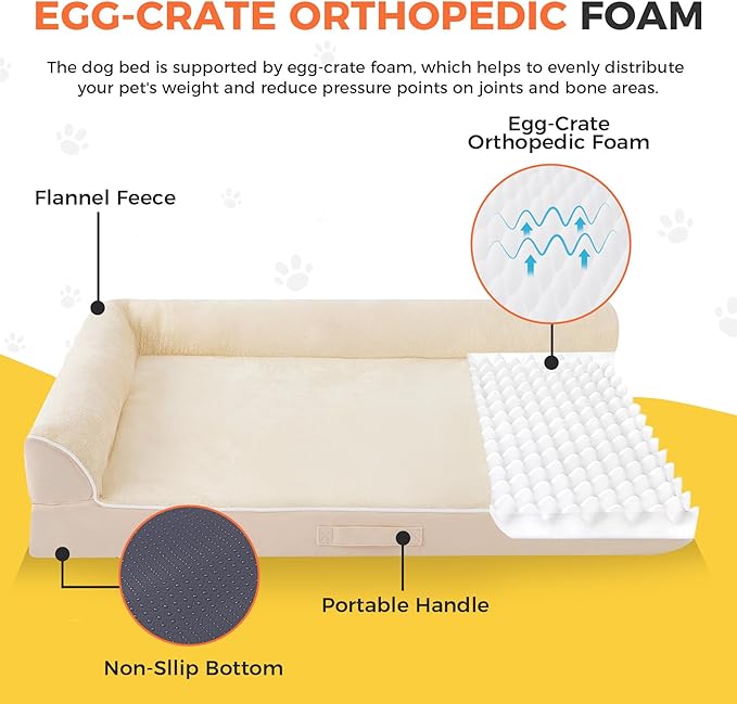 Dog Bed Large Sized Dogs, XL Orthopedic Dog Bed for Large Dogs, Waterproof Pet Bed with Washable Removable Cover, L-Shaped Pet Couch with Portable Handle 42"x30"x7.5", Beige