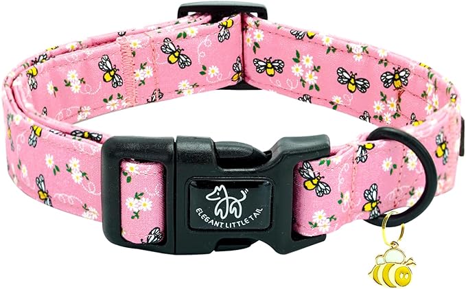 Elegant little tail Dog Collar,Cute Bees Pattern Pet Collar Pink Durable Holiday Female or Male Adjustable Cotton Pet Collar with Quick Release Buckle for Medium Dogs