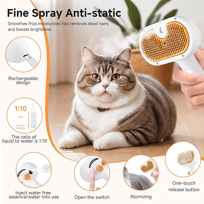 Pet Steam Brush for Dog & Cat - 3-in-1 Steam Grooming Brush for Shedding & Hair Removal - Pet comb leave-in serum with Mist for Long Haired Pets - Includes 2*Waterless Shampoo, Yellow