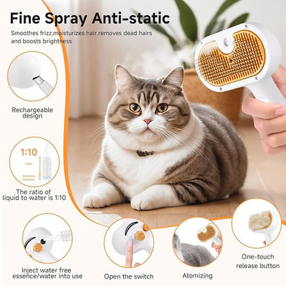 Pet Steam Brush for Dog & Cat - 3-in-1 Steam Grooming Brush for Shedding & Hair Removal - Pet comb leave-in serum with Mist for Long Haired Pets - Includes 2*Waterless Shampoo, Yellow