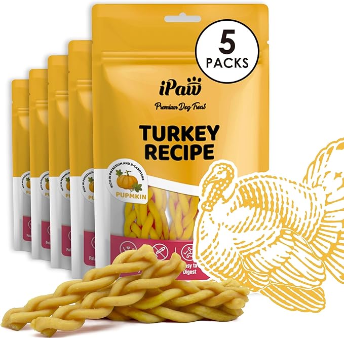 iPaw Turkey Dog Treats, All Natural Human Grade Dog Treat, Suitable for Training chew, US Sourced Raw Material, Hypoallergenic, Rawhide Alternative, Braided Stick (Pumpkin), 5 Packs