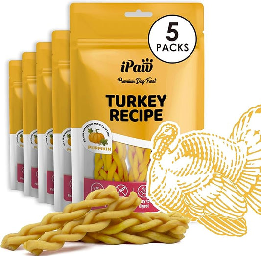 iPaw Turkey Dog Treats, All Natural Human Grade Dog Treat, Suitable for Training chew, US Sourced Raw Material, Hypoallergenic, Rawhide Alternative, Braided Stick (Pumpkin), 5 Packs
