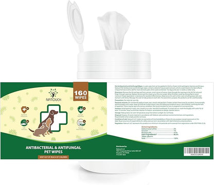 Natouch Antifungal and Antibacterial Wipes for Dogs & Cats, Dog Yeast Infection Treatment Wipes, All Natural Grooming Wipes for Cleaning, Help with Hot Spots, Ringworm, and Skin Infections, 160 Count