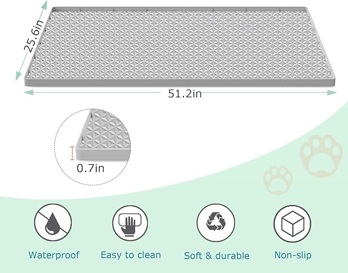 Jacooxi Cat Litter Mat for Litter Box, Silicone Large Cat Litter Trapping Mat - 51.2x25.6 in, Waterproof & Non-Slip, Durable & Easy Clean, Light Gray