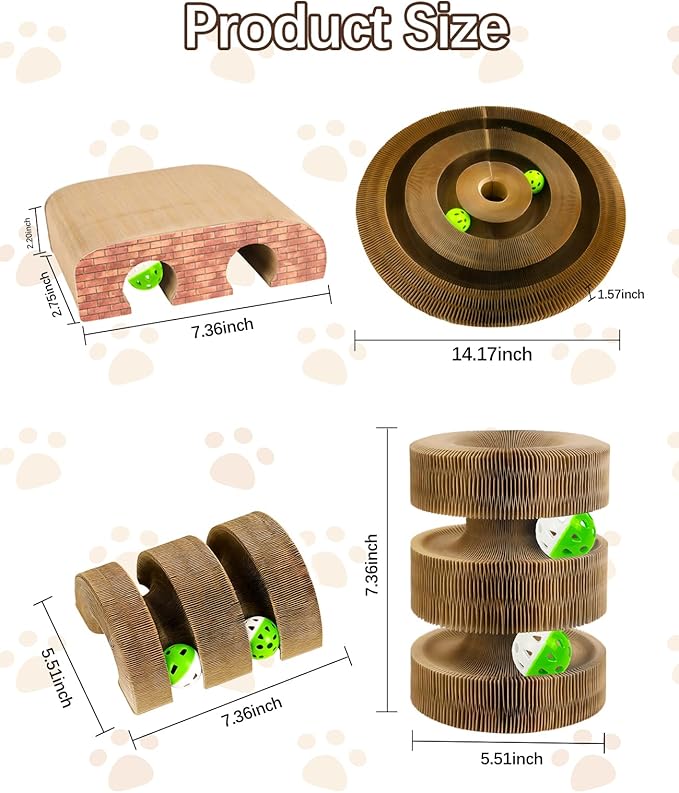 Kitty Kurlz Cat Toy, Magic Organ Cat Scratcher Board with 2 Bell Balls,Twisty Paws Cat Toy Foldable＆Changeable, Interactive Kitty Curls for Indoor Cats Physical & Mental Exercise-Coffee Brown