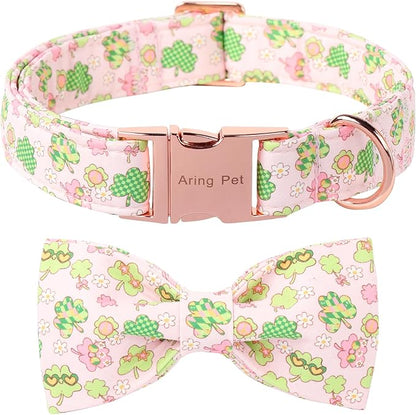 ARING PET St Patrick's Dog Collar with Bow, Cute Pink Shamrock Clovers Pets Detachable Bow Tie Collars for Puppy Small Medium Large Girl Boy Dogs-M