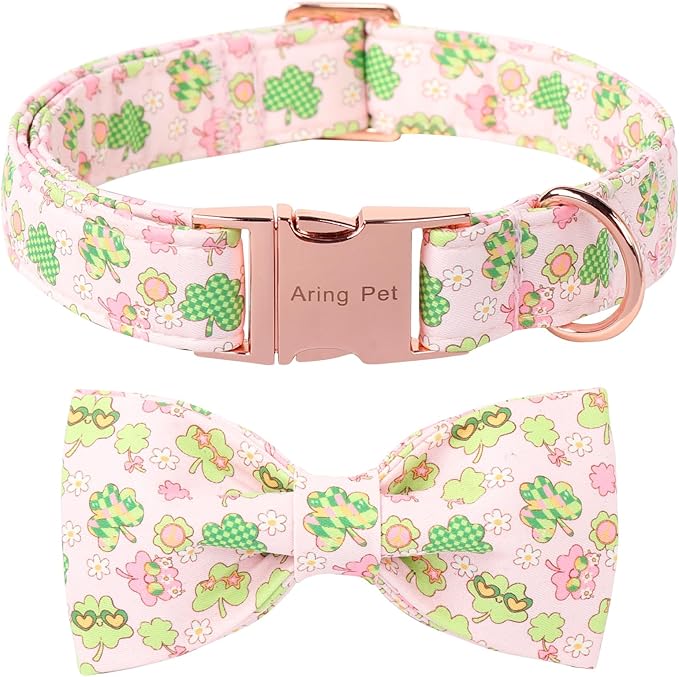 ARING PET St Patrick's Dog Collar with Bow, Cute Pink Shamrock Clovers Pets Detachable Bow Tie Collars for Puppy Small Medium Large Girl Boy Dogs-L