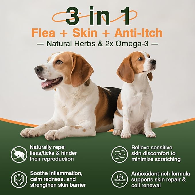 Dog Flea and Tick Prevention Allergy Chews Omega 3 for Dogs Treatment Chewable Natural Flea and Tick Skin and Coat Supplement Immune Dog Chews Yeast Relief Prevention for Dogs Itching and Licking