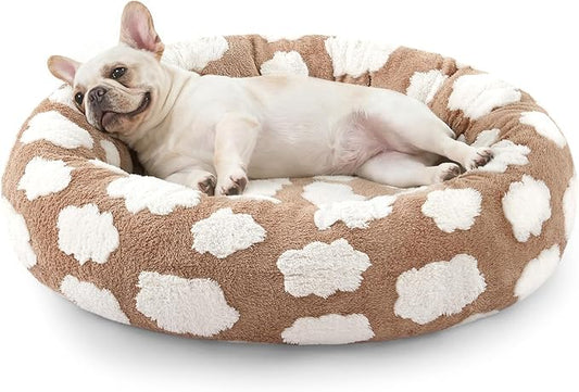 JOEJOY Donut Small Dog Bed, Round Cat Beds for Indoor Cats with Removable Washable Cover, Orthopedic Cute Puppy Kitten Pet Bed with Jacquard Shaggy Plush & Non Skid Bottom, Black