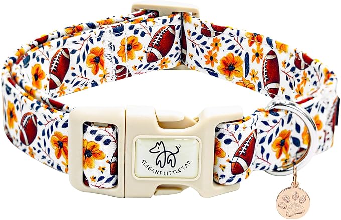 Elegant little tail Fall Dog Collar, Rugby with Flower Print Autumn Pet Collars Dog Cotton Soft Sturdy Puppy Collars Holiday Female Adjustable Collar for Small Dogs