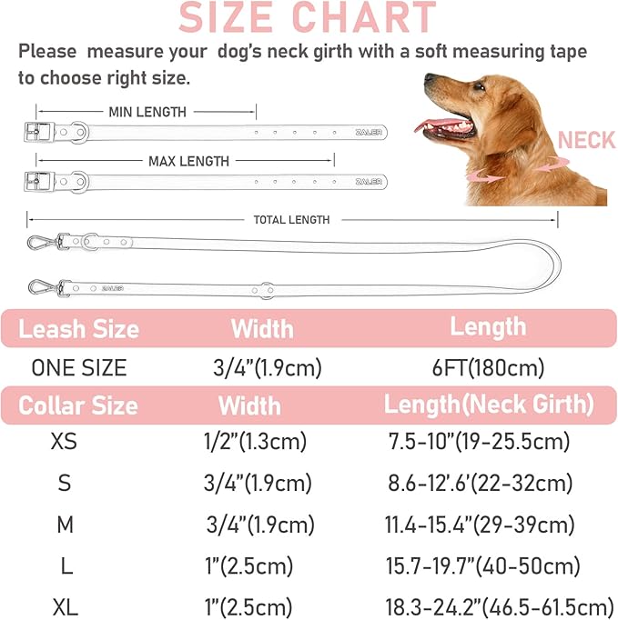 ZALER Dog Collar and Leash Set, Waterproof Adjustable Odor Proof Pet Collars Leashes Easy to Clean, 6FT Dog Leash with 2 Hooks for Large, Medium Small Dogs (XL, Pink)