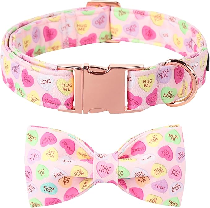 Lionet Paws Valentine's Pink Dog Collar, Cute Heart Dog Collar for Medium Dogs, Adjustable Cotton Pet Collars for Small Medium Dogs