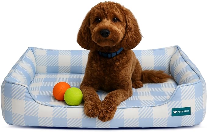 Pupstilo Orthopedic Bolster Dog Bed – CertiPUR-US Foam, Recycled Polyester Canvas, Washable Cover, Anti-Slip Bottom, Medium, Light Blue Check – Stylish Designer Dog Sofa