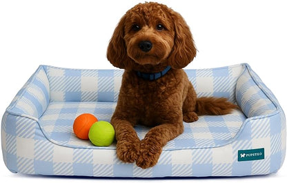 Pupstilo Orthopedic Bolster Dog Bed – CertiPUR-US Foam, Recycled Polyester Canvas, Washable Cover, Anti-Slip Bottom, Medium, Light Blue Check – Stylish Designer Dog Sofa