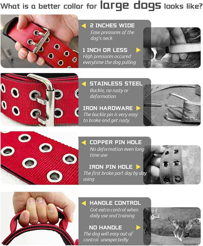Red Large Dog Collar - 2 inch Wide Heavy Duty Collar with Handle for Extra Large Breed Dogs, Strong Nylon Indestructible Tactical Collar for German Shepherd, Pitbull, Rottweiler 19-23.5 in