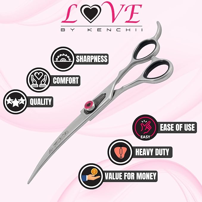 Kenchii Love Dog Grooming Scissors, Dog Scissors for Grooming, Professional Pet Grooming Scissors, Ergonomic & Comfortable (7.0" Curved)