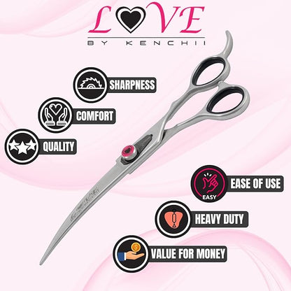 Kenchii Love Dog Grooming Scissors, Dog Scissors for Grooming, Professional Pet Grooming Scissors, Ergonomic & Comfortable (7.0" Curved)