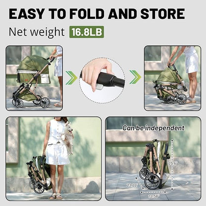 EchoSmile Small Medium Dogs Stroller 4-Wheel Pet Strollers for Medium Dogs Up to 50lbs, One Click Folding Large Cat Stroller, Reversible Handle, Shock Absorbing Wheels, Removable Washable Pad, Green