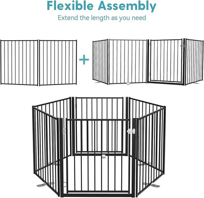 No Pawblems Free Standing Dog Gate with Door, 30'' Tall Foldable Dog Fence for Indoor & Outdoor, Up to 52 Inch Extra Wide Puppy Gate for Stairs, Hallways, Doorways, Deck, Yard (Black, 2 Panels)
