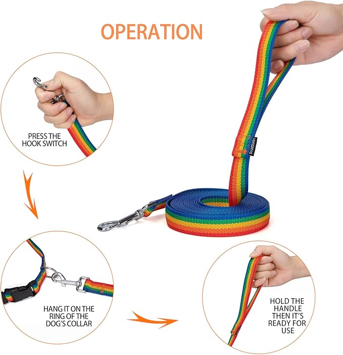 Siumouhoi Strong Durable Nylon Dog Training Leash, 1 Inch Wide Traction Rope, 6 ft 10ft 15ft Long, for Small and Medium Dog (Rainbow, 15 Feet)