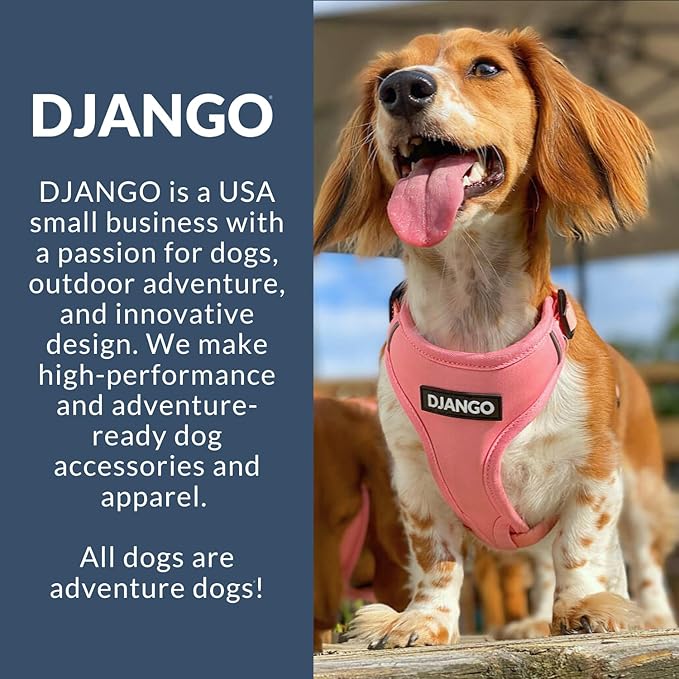 DJANGO Adventure Dog Harness - Stylish, and Durable Small Dog Harness for Outdoor Adventures and Everyday Wear - Quartz Pink Neoprene Adjustable Harness for Dogs with Reflective Piping, Brass D-Ring