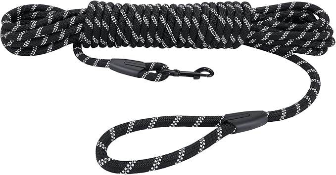 Long Dog Leash for Training 15Ft-Reflective Nylon Rope with Swivel Hook-Recall Agility Lead for Large Small Medium Dogs Outside Walking Hiking-Black Diam 1/2"