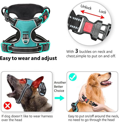 Timos No Pull Dog Harness, Release at Neck Reflective 3 Snap Buckles Adjustable No Choke Pet Vest with Front & Back 2 Leash Clips, Soft Padded Control Training Handle for Small Medium Large Dogs