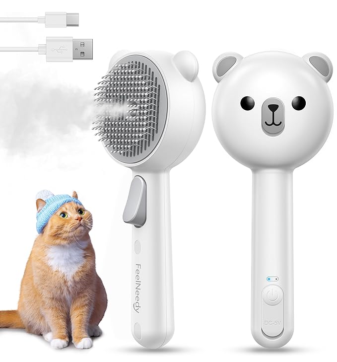 FEELNEEDY Cat Steam Brush, Brushes for Indoor Cats with Release Button, Dual Speed Spray USB Rechargeable Grooming Supplies, Cat Brush for Shedding Suitable for All Long-haired and Short-haired Pets