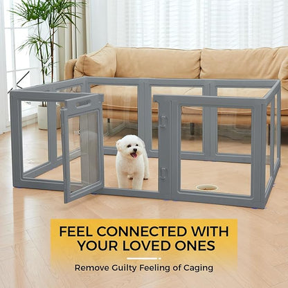 Everfront Clear Dog Play Pen - Easy Assemble Durable Plastic Acrylic Dog Playpen - Dog Playpen Indoor, Puppy Playpen, Cat Playpen, Small Animal Playpen, Dog Play Pen Indoors (Grey, 30.3" H, 8PCS)