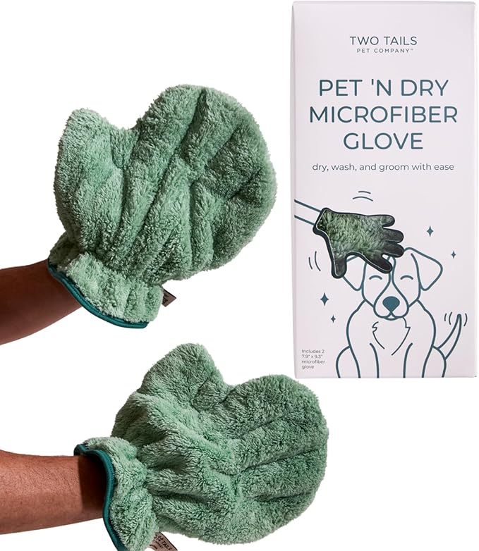 Two Tails Pet Company Pet N’ Dry Microfiber Gloves, Absorbent Dog Drying and Washing Gloves for Paws, Faces, and Coats, Soft, Lightweight, Fast Drying, Gentle on Sensitive Fur, Grooming Dog Supplies