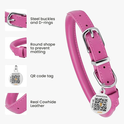 BRONZEDOG Rolled Leather Dog Collar for Small Medium Large Dogs with QR ID Tag (XS: 9-11 Inch, Hot Pink)