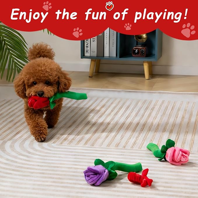 Hollypet Soft Squeaky Dog Toys, Plush No - Mess Chew Toys for Small and Medium Dogs and Non-Aggressive Chews, Puppy Teeth Cleaning Chew Toys, Roses