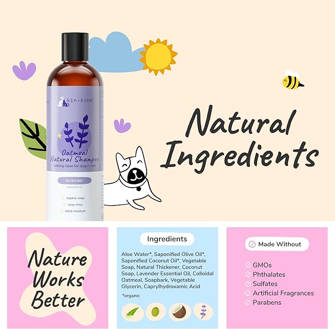kin+kind Oatmeal Shampoo for Dogs & Cats – Natural Anti Itch Pet Shampoo for Sensitive Skin w/Colloidal Oatmeal, Coconut Oil & Olive Oil – Moisturizing Oatmeal Bath for Dry, Itchy – Lavender 12 fl oz