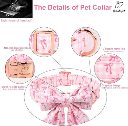 Girl Dog Collar with Lady Bow - Elegent Spring Dog Collrs Girly Pink Bow Sailor Bowtie Collars, Adjustable Metal Buckle Female Dogs Collar for Small Medium Large Dogs M